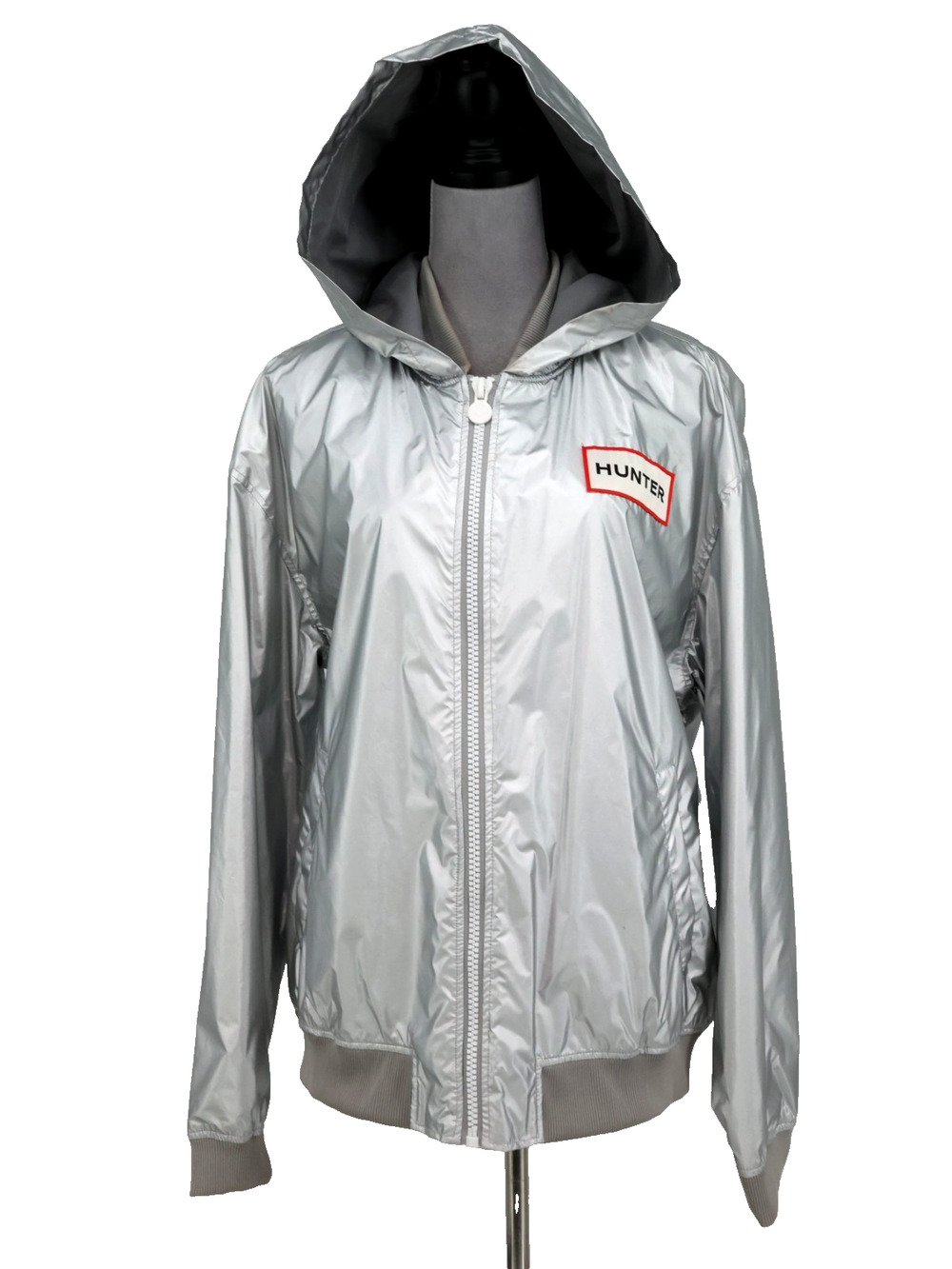 Hunter Jacket Womens Large Silver Nylon Rain Hooded Full Zip Lined Target